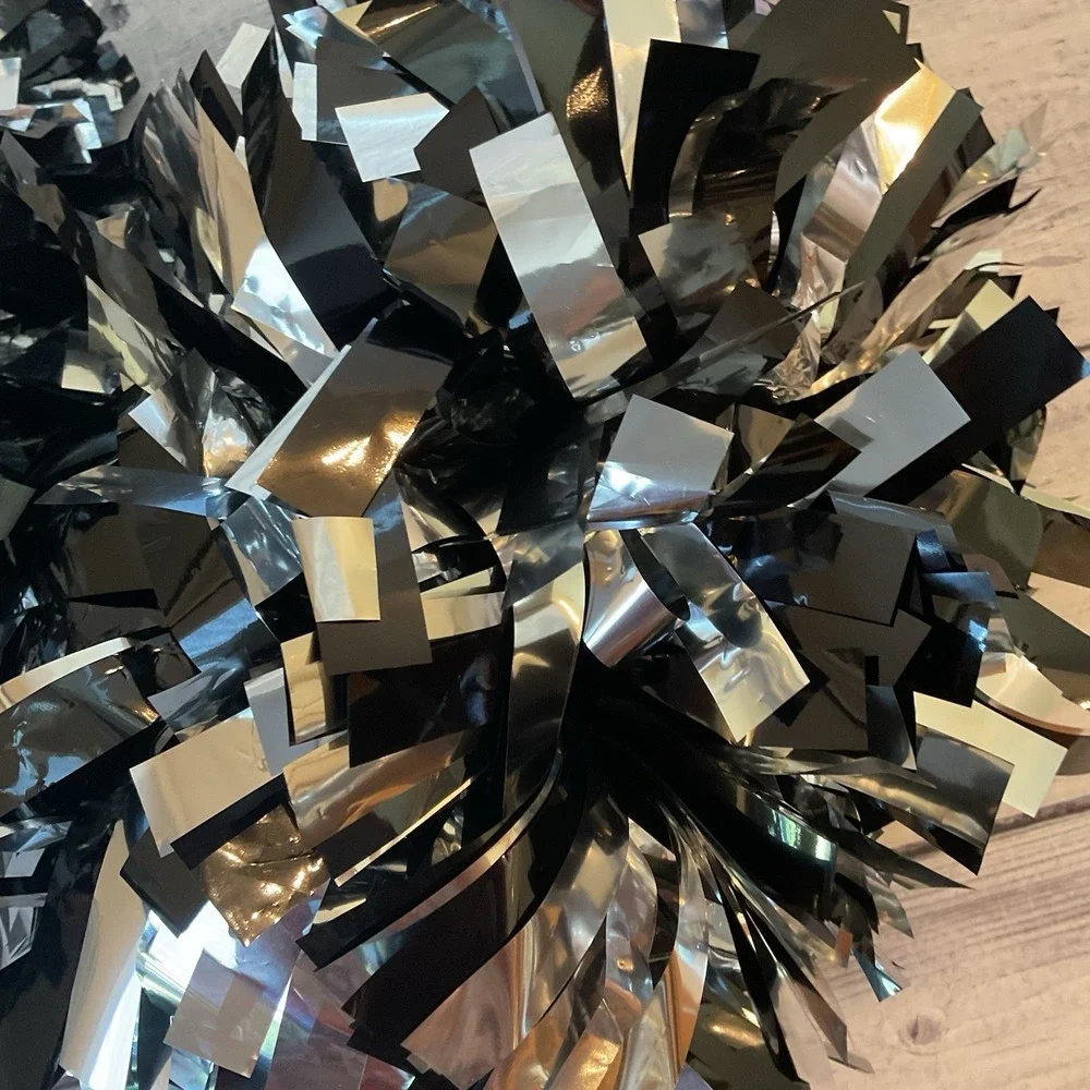 Cheerleading Pom Poms Black Silver Metallic Pair Baton Handle Cheer Dance #1